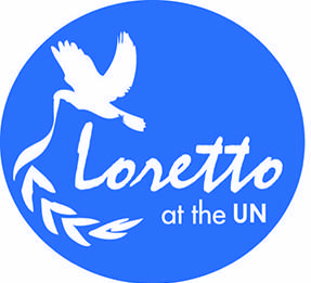 A blue circle with white text: Loretto at the UN, Logo with a white dove graphic.
