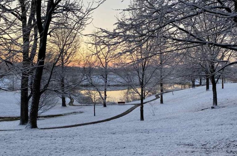 The sun sets over pond surrounded by snowy ground and snow-crusted trees.