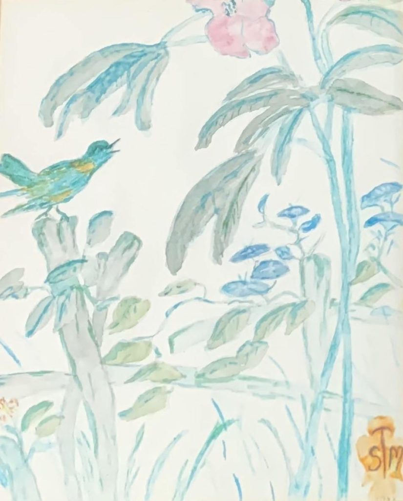 Painting of a blue bird in leaves