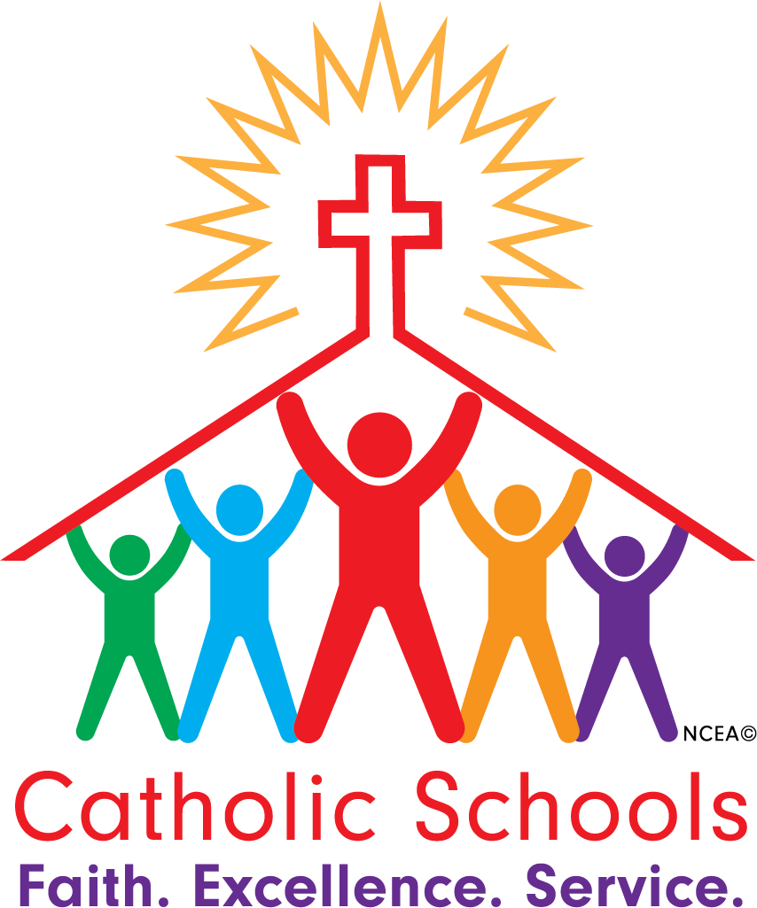 Logo for Catholic Schools Week shows five stick figures in a rainbow of colors holding up a peaked roof topped with a cross.