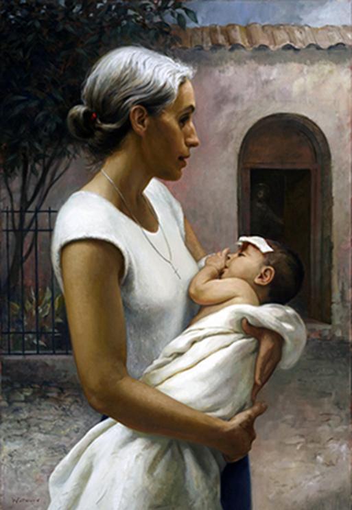 Painting of a silver-haired woman holding a baby.