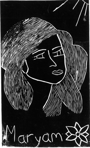 A girl's sketched self-portrait - white lines etched on a black background.  