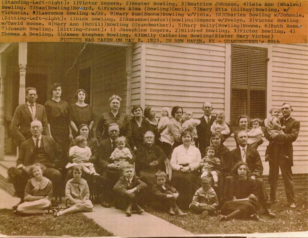 Archival extended family photo in sepia tones. The names of the family members pictured and details of event are typed above the photo.