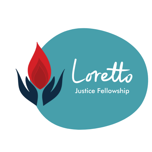 Two hands hold a bright flame next to the words "Loretto Justice Fellowship"