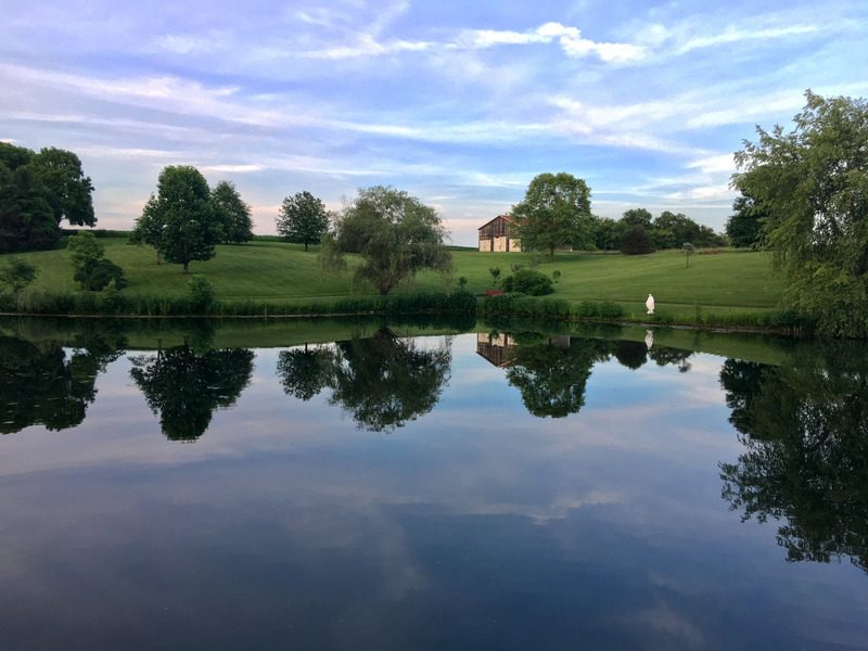 Purple-blue clouds, green trees and grass and a white statue of St. Mary are reflected in the water of a pond.
