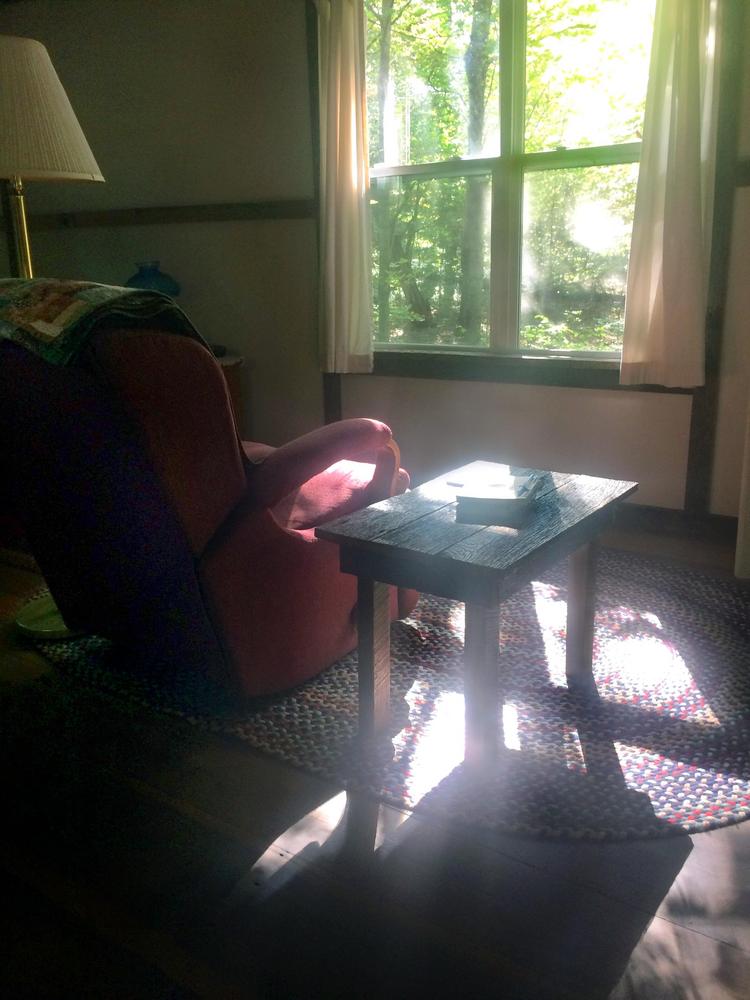 Sunlight streams in through an open window onto an easy chair flanked by a table and floor lamp. Green woods are visible through the window.
