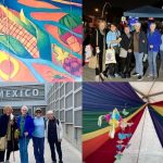 Collage of photos comprised of two group shots, a colorful painting of produce, and a piñata and other decorations hanging from the top of a colorful tent.