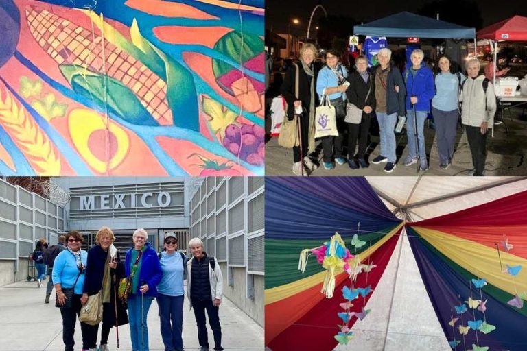 Collage of photos comprised of two group shots, a colorful painting of produce, and a piñata and other decorations hanging from the top of a colorful tent.