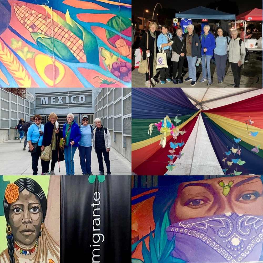Collage of photos comprised of two group shots, two portraits of Latina women, a colorful painting of produce, and a piñata and other decorations hanging from the top of a colorful tent.