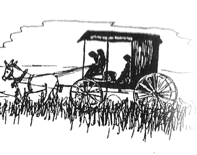 Ink drawing of a horse-drawn buggy bearing three bonnetted women.