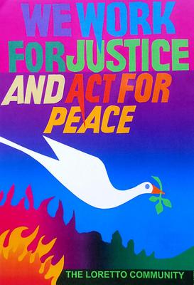 A colorful banner with a white dove and a gradient color background of pink and blue with the text, "We work for justice and act for peace"