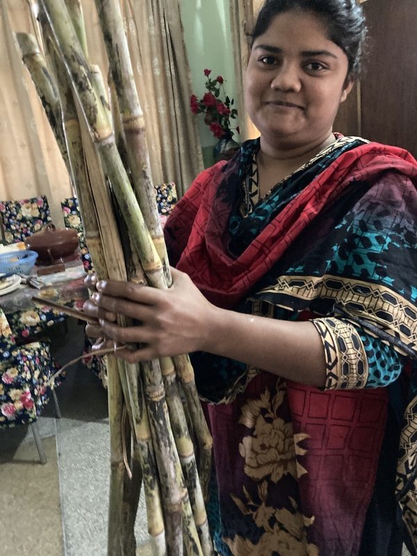 A woman in a colorful Pakistani tunic holds a double handful of sugar cane canes.