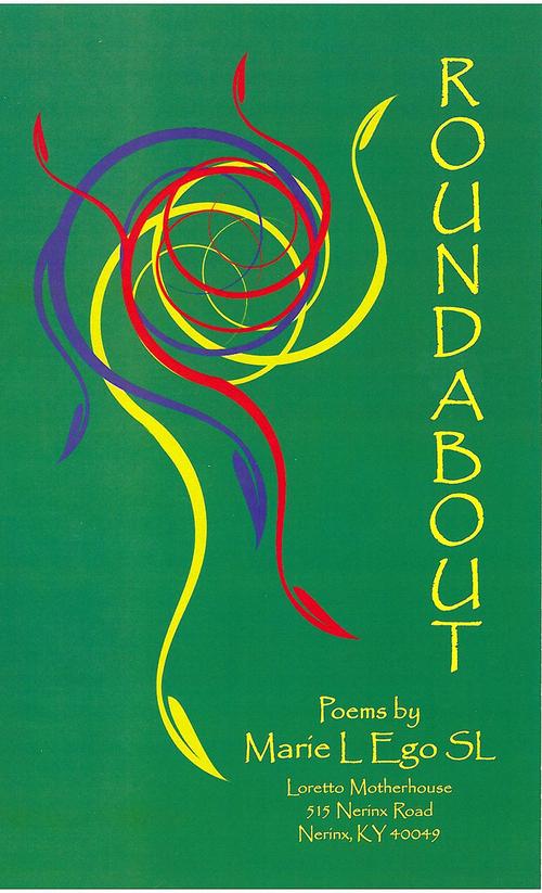 Marie Egos Book Cover Roundabout. A dark green background with abstract yellow, purple, and red leaves.
