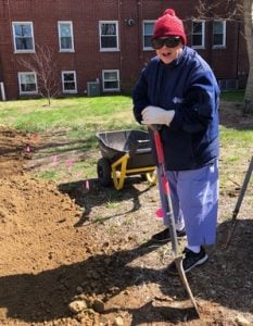 Woman in warm clothing with hat and gloves helping spread soil on a sunny day.