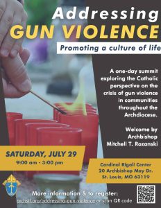 Flyer depicting hands lighting a row of votive candles. Title reads "Addressing Gun Violence: Promoting a culture of life."