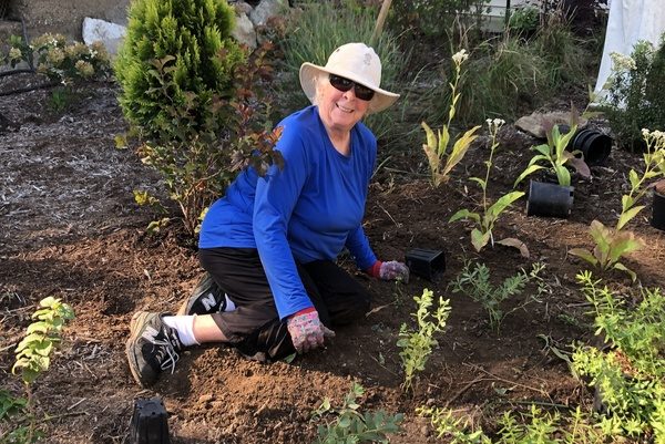 A woman wearing a sun hat, sunglasses, a blue long sleeve, and gardening gloves while sitting in dirt planting small green plants outside on a sunny day.
