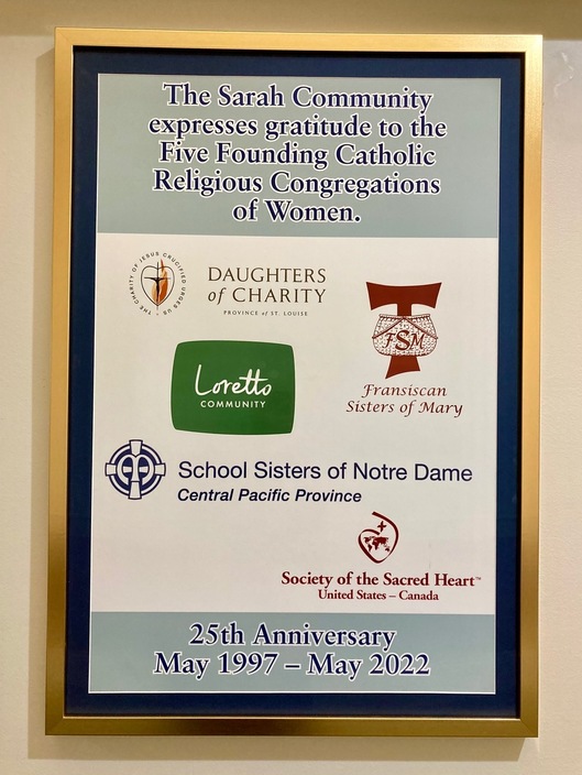 A plaque celebrating and sharing gratitude about the 25th anniversary of the Sarah Community.