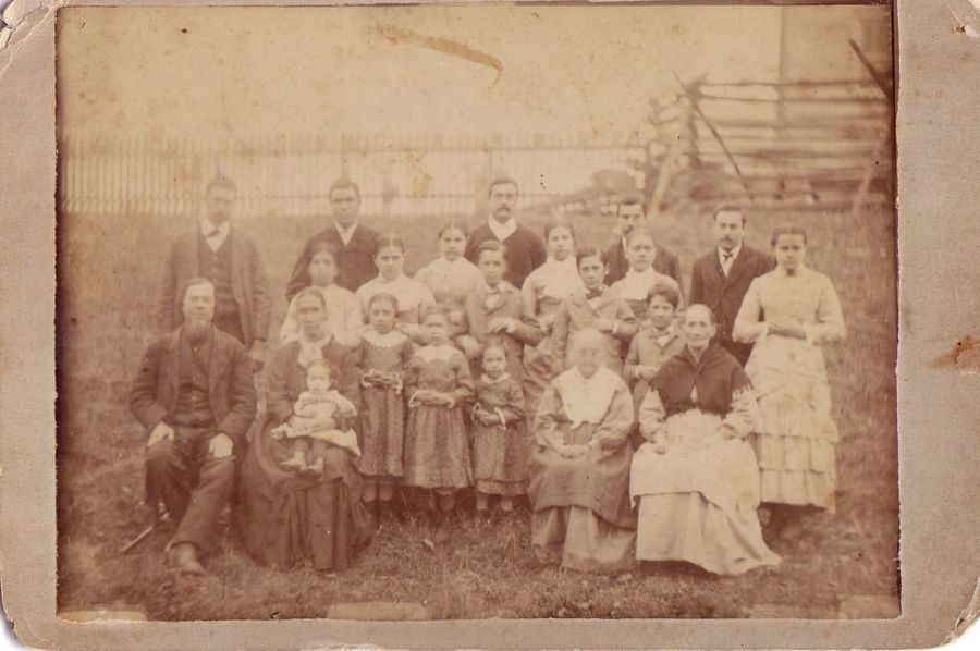 Sepia photo of a large, three generation family, including step-family members