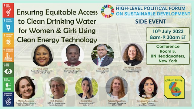 A flyer with nine peoples headshots featured. The title says "Ensuring Equitable Access to Clean Drinking Water for Women & Girls using Clean Energy Technology."