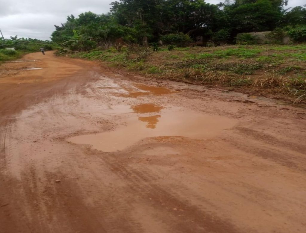 Photo of a wide clay dirt road with a large pothole filled with water.