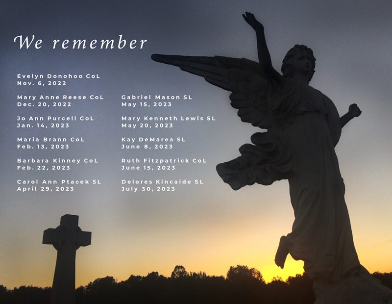 An angel and cross are profiled against the sunset. Text on the image reads "We remember" and lists the eleven Loretto members who passed away Nov 2022-October 2023.