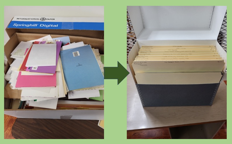 A composite image with a box of messy papers on the left side and a box of neatly organized files on the right.