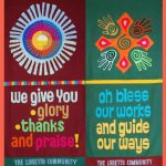 Two colorful banners are side-by-side. The first reads "We give You glory, thanks and praise!" The second reads "Oh bless our works and guide our ways"