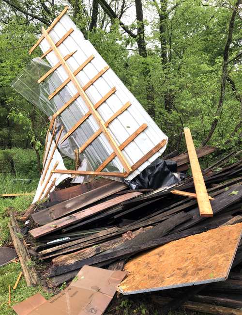 The ruminants of a wooden shed with a metal roof that had been destroyed in a tornado in a densely forested area.