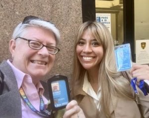 Beth Blissman and new Loretto at the UN intern, Leslie Baron, beam for a selfie as they hold up their UN ID cards.
