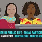 CSW65 Logo: Cartoon women of different cultural backgrounds smiling together surrounding a grey speaking podium with a microphone and a plain grey background.