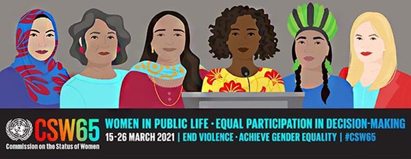 CSW65 Logo: Cartoon women of different cultural backgrounds smiling together surrounding a grey speaking podium with a microphone and a plain grey background.