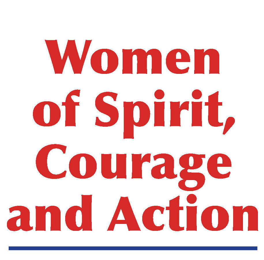 Section of Book Cover reads the title in red "Women of Spirit, Courage and Action"