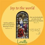 Image of a stained glass window depicting the magi visiting the infant Jesus. "Joy to the world" is written in red across the top. To the sides of the image, "God has gifted us with every spiritual blessing in Christ. Ephesians 1:3" is written in English, Spanish and Urdu.