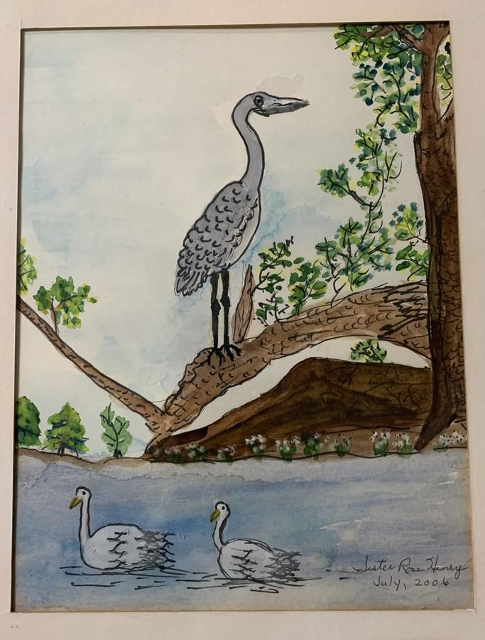 A painting of a two swans swimming in a pond with a crane perching on a large branch.