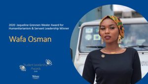 An introduction slide on a digital presentation. A dark blue background, with a circular cropped portrait picture of a woman wearing an orange and green head wrap, gold statement earrings, a gold necklace, and a black blouse while leaning on the front of a boxy white car. To the left of this picture is the introductory text: 2020 Jaqueline Grennen Wexler Award for Humanitarianism & Servant Leadership Winner Wafa Osman Student Leadership Awards.