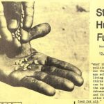 A photo of an old publication that shows the words "stop hunger fund" next to a photo of a hand putting seeds into another hand