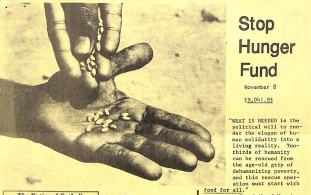 A photo of an old publication that shows the words "stop hunger fund" next to a photo of a hand putting seeds into another hand