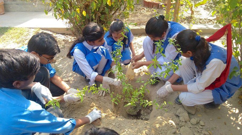 Six children in blue and white school uniforms gardening together outdoors.