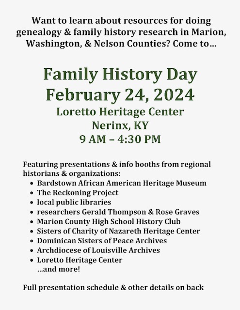 First page of flyer for Family History Day with summary of the day.
