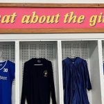 The quote "What about the girls?" is displayed above Marian Middle School sports and school uniforms and a graduation gown.