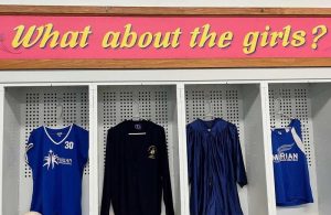 The quote "What about the girls?" is displayed above Marian Middle School sports and school uniforms and a graduation gown.