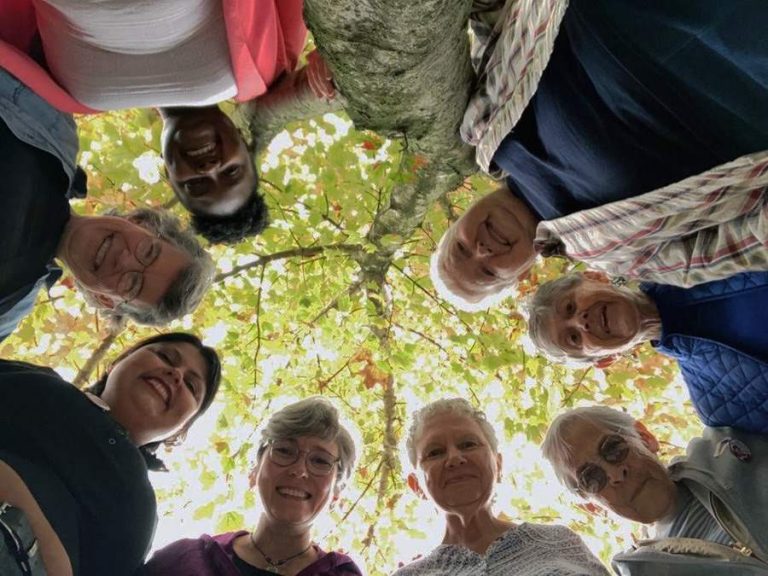 8 women standing above, smiling, and looking down at a camera facing the sky underneath a big tree.