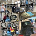 A collage of four photos. Three of which are folks doing laundry at a laundry mat, the fourth photo is a woman moving laundry out of a trunk of a car.