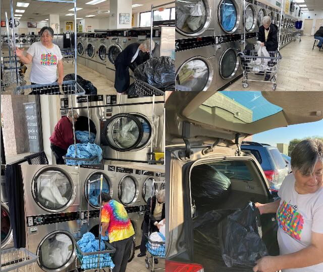 A collage of four photos. Three of which are folks doing laundry at a laundry mat, the fourth photo is a woman moving laundry out of a trunk of a car.