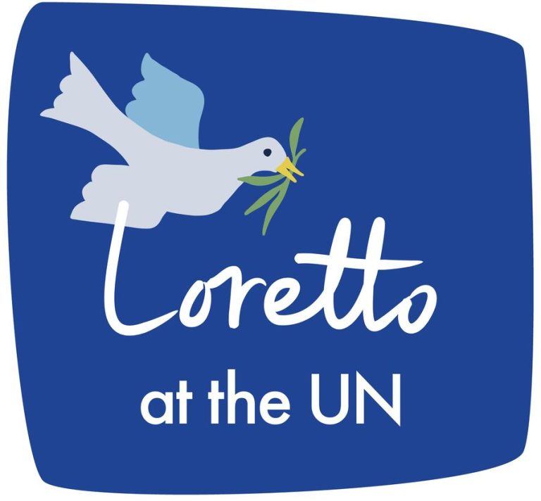 Loretto at the UN logo - a blue patch with a peace dove and the text "Loretto at the UN"