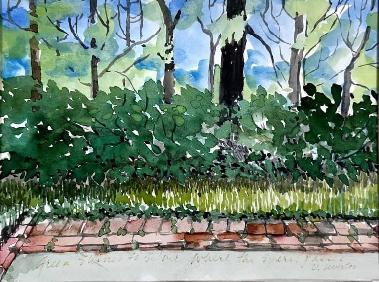 watercolor painting of trees and grass with various shades of light and dark green