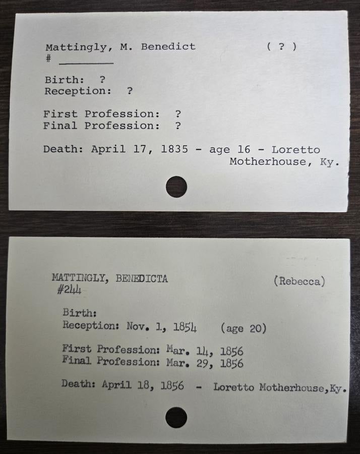 Two index cards comparing information for Benedict, M. Mattingly and Benedicta Mattingly.