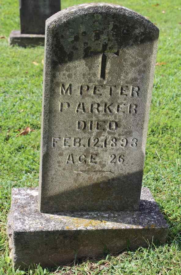Gravestone bearing a cross, with the words, "M. Peter Parker. Died Feb. 12, 1893, Age 26"
