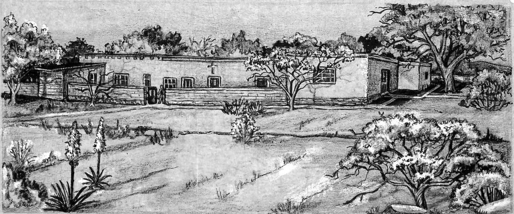 A charcoal drawing of a one story school surrounded by lots of trees.