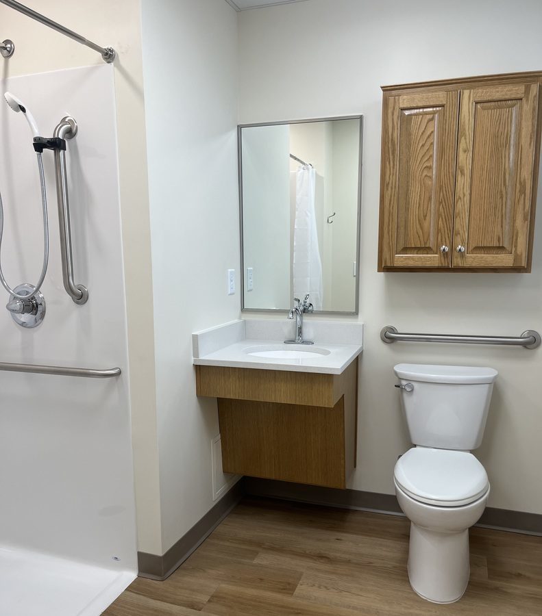 A single bathroom with clean lines, wood-finish cabinet and flooring, a wheelchair-accessible sink with mirror above, and step-in shower with vertical and horizontal grab bars.